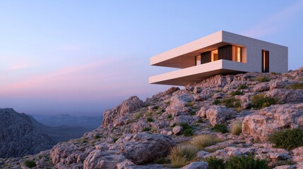 A contemporary house hovers over rocky outcrops, showcasing sleek architecture against a backdrop of soft sunset colors that illuminate the vast, serene landscape