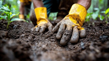 Obraz premium A gardener kneels on the ground, carefully planting seedlings in the moist, dark soil. The surrounding greenery flourishes under the warm sun, showcasing a vibrant garden atmosphere