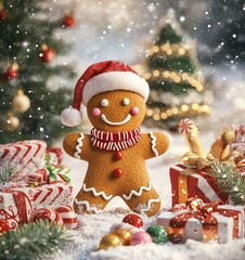 Festive gingerbread man in santa hat amid christmas gifts and snowy pine trees