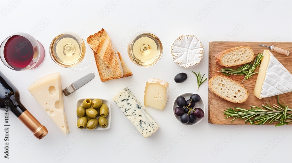 Wall mural wine and cheese tasting setup on white background, gourmet food arrangement with red and white wine,