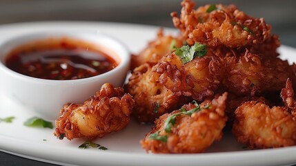 Fototapeta premium A plate of crispy fried food with a side of spicy dipping sauce.