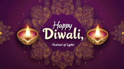 Festive diwali greeting with ornate mandala and lit oil lamps on elegant purple background
