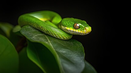 Fototapeta premium A green tree snake is coiled comfortably on a shiny leaf, showcasing its bright colors against a rich backdrop of greenery in soft lighting, creating a serene atmosphere