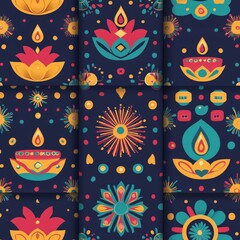 Colorful diwali seamless pattern with decorative lamps and floral motifs