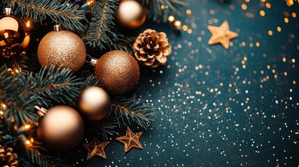 A vibrant arrangement of gold ornaments and pine branches enhances the festive atmosphere, with twinkling lights and star shapes adding a magical touch for the holiday season