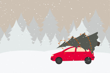 Christmas and New Year car with christmas tree. New year delivery service
