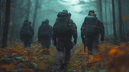 A group of soldiers is hiking through a dense forest, surrounded by tall trees and vibrant autumn colors. The atmosphere is misty and tranquil, creating a serene backdrop for their journey.
