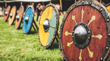 Brightly colored wooden shields with unique designs stand on grass during a summer historical reenactment festival, highlighting the era's craftsmanship