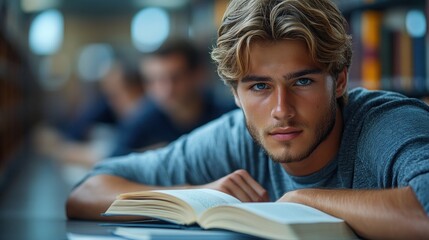Student studying in a library surrounded by books, symbolizing dedication to education and lifelong learning