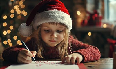 Child writing a letter to Santa, their face filled with hope and excitement as they list their Christmas wishes