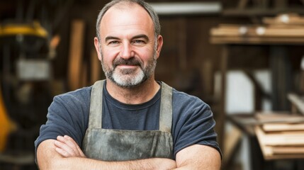 A confident carpenter stands with crossed arms in a well-equipped workshop surrounded by various tools and wooden materials during daylight hours, highlighting his expertise and dedication