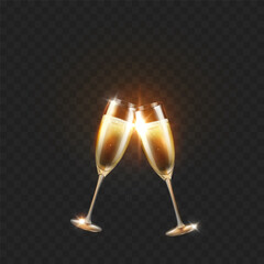 Champagne or white wine glasses isolated on transparent background. Vector Happy New Year alcohol toast wineglasses. 3d festive event elements with sparkle fizzy drink, golden flash light effect