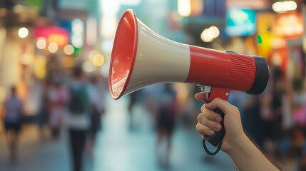 A hand holding a megaphone against the backdrop of a busy city street. Bright lights and the movement of people create an atmosphere of city bustle and activity.