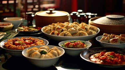 Obraz premium A table setting with a variety of traditional Chinese dishes, including dumplings, noodles, and a steamed dish.