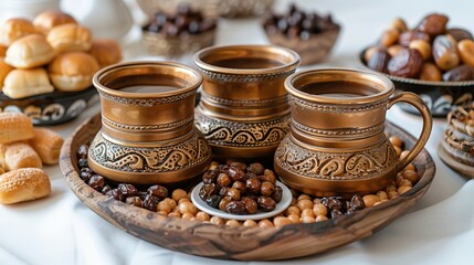 Three copper mugs filled with a dark beverage, surrounded by dates, raisins, and bread rolls on a wooden tray.