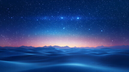 Fototapeta premium Expansive desert landscape under a starry night sky with distant mountains at twilight