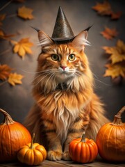 halloween cat in black hat with pumpkins in autumn background