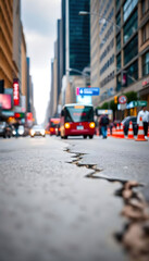 Obraz premium In a bustling city street, a long road stretches ahead, lined with vibrant storefronts and busy pedestrians, capturing the lively essence of urban life and daily commutes