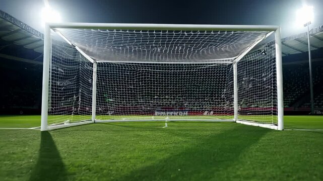 Zooming in on a soccer goalpost in a cinematic stadium with bright lights, highlighting the vibrant green grass against darkened stands