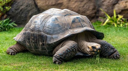 Fototapeta premium Giant tortoise grazing on grass in a serene environment