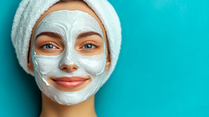 woman with wet hair and white cream mask on face, blue background, full face photo