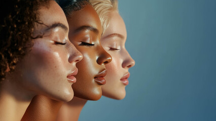 Fototapeta premium photos of women's faces of different skin colors without makeup, natural beauty, beautiful clean smooth skin, pure aesthetics, studio lighting, blue background