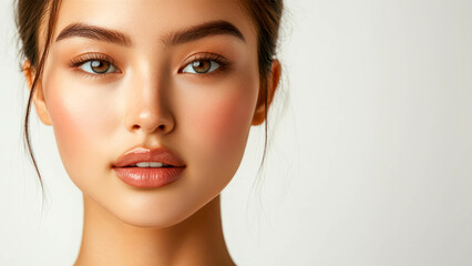 Fototapeta premium photo of asian woman face, natural beauty, beautiful clear smooth skin, studio light, light background