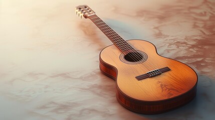3D illustration of a beautifully detailed guitar, with pastel tones on a light background, capturing an elegant feel for music themes