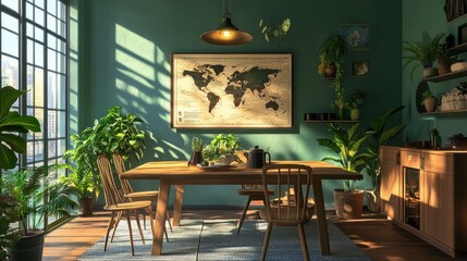 Elegant and botanical dining room interior with a large window, a poster map, a wooden table and chairs, and a variety of plants in modern home decor.