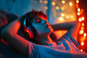 Obraz premium Portrait of a relaxed teenage child listening to music wearing headphones. Happy smiling teen kid having fun listening to songs alone in his bedroom.