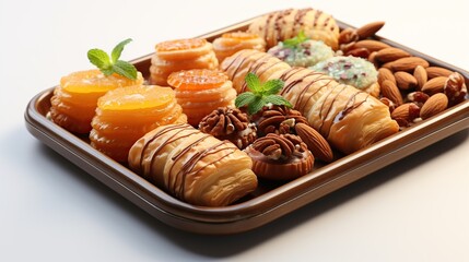 A tray of assorted pastries, including croissants, fruit tarts, and pecan cookies, with almonds and mint leaves.