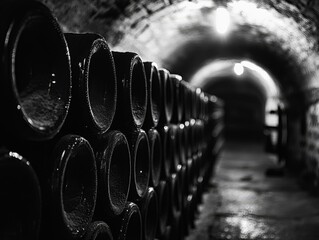 A striking black and white photograph of wine bottles and glasses, showcasing their elegance and character