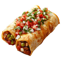A crispy golden chimichanga with a side of red salsa, isolated on a transparent background, Mexican food
