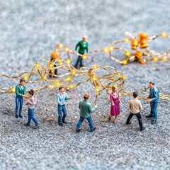 Miniature figurines tangled in glowing Christmas lights, teamwork solving holiday light problem