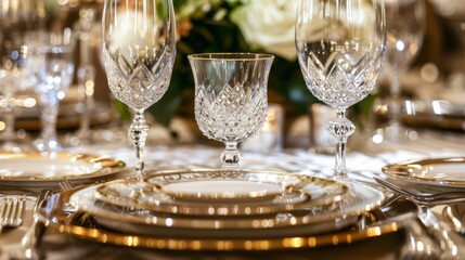 Delicate crystal stemware and sparkling silver lery positioned perfectly on either side of a goldrimmed dinner plate.
