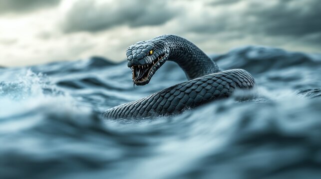 Midgard Serpent Jormungandr emerges from turbulent ocean waves under a stormy sky, AI