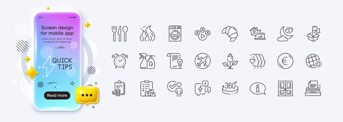 360 degrees, Approved agreement and Verification person line icons for web app. Phone mockup gradient screen. Pack of Food, Friends couple, Alarm clock pictogram icons. Vector