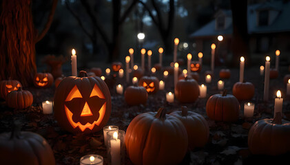 Obraz premium A spooky Halloween night unfolds with glowing pumpkins and flickering candles, casting enchanting shadows. The scene radiates an eerie yet festive atmosphere, inviting all to celebrate