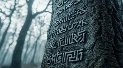 Ancient runes carved into a tree in a misty forest evoke mystery and history, AI