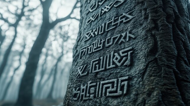 Ancient runes carved into a tree in a misty forest evoke mystery and history, AI