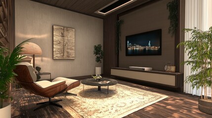 Fototapeta premium Chic home with a contemporary TV, couch, and furnishings
