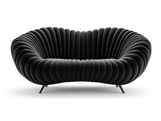 Modern Sofa with Deep Horizontal Channel Tufting and Curved Wave-Like Form, All-Black Upholstery Creating Dramatic Sculptural Shadows