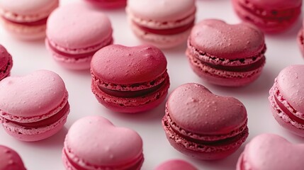 Fototapeta premium A close-up of pink heart-shaped macarons on a white background.