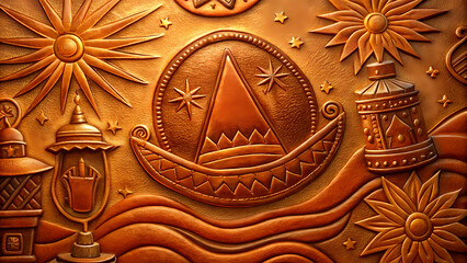 Copper relief with sombrero, stars, and lanterns in warm tones