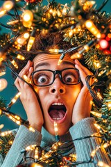 Surprised man tangled in glowing Christmas lights with a shocked expression during holiday chaos