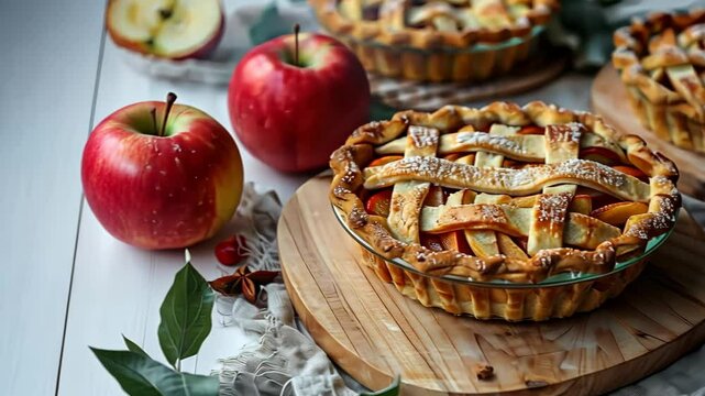 A freshly baked apple pie with a lattice crust sits on a wooden cutting board, surrounded by red apples and green leaves