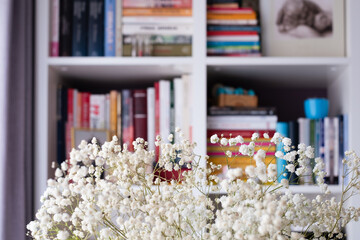 Delicate white flowers in a modern living room with bookshelves filled with colorful books and art
