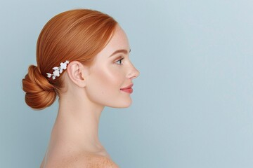 Profile of a red-haired woman with a low bun hairstyle and white floral hair clip, soft glow, minimal makeup, pastel blue background, elegant side profile, serene beauty, copy space for text.

