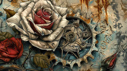 floral, vintage background, peony, flower, products, engineer, generative, artificial intelligence, steampunk, background, clockwork, brooch, rose, flower, love, nature, pink, decoration, bouquet, ros