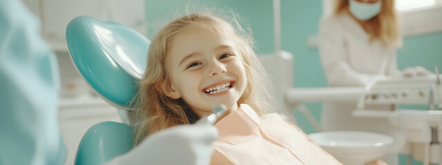 Young smiling girl being prepared for regular dental check-up. sitting at dental chair, open mouth during oral check up while doctor. Visiting dentist office. Medicine and stomatology concept